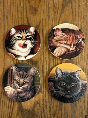 Absorbant Stone Cat Coaster Set - Artwork by Charles Wysooki renowned artist